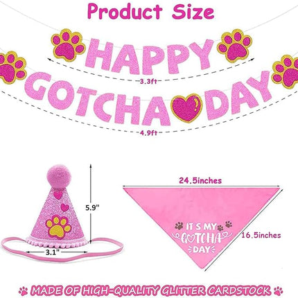 Happy Gotcha Day Dog Bandana- Dog Birthday Party Supplies Boy Girl Gotcha Day Triangle Scarf with Hat Banners Balloons It’s My Gotcha Day Bibs Adoption Party Decor for Small Large Dogs-Pink