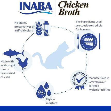 INABA Chicken Broth, Side Dish/Topper for Cats with Vitamin E, 1.76 Ounce Pouch, 8 Pouches Total, Chicken and Salmon Recipe