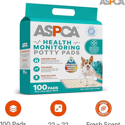 ASPCA Health Monitoring Dog Pee Pads, 100 Count, pH-Sensitive 22"x22" Training Pads, Leakproof and Odor-Controlled, Perfect for Puppies and Small Breeds