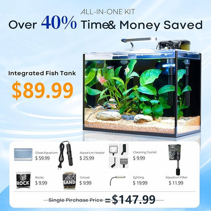 5 Gallon Small Aquarium Set Glass Fish Tank 6 Gallon, Starter Kit with Heater Water Pump Cleaning System Filter Bright Light Rocks Gravel Cleaning Tool, Leak-Proof Clear Rimless Betta Plants