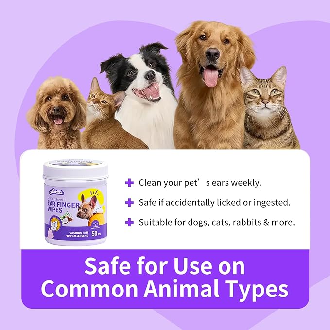 MIOSSZI Pet Finger Wipes for Dogs & Cats - Dog Ear Cleaner for Itch Relief Remove Wax & Odor, Dog Ear Cleaning Finger Wipes-Pet Ear Finger Wipes 50ct