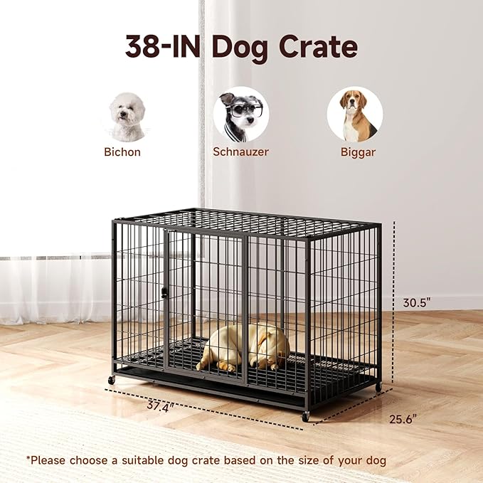 38 Inch Dog Crates for Meidum Small Dogs,Metal Wire Cages Dog Kennels Pet Cage with Double-Door,Removable Tray,for Small Medium Dogs