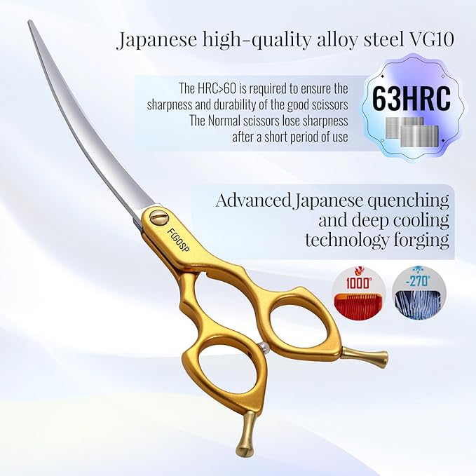 Professional Curved Dog Grooming Scissors with Sharper Self Grinding lightweight and finely trimmed split structure 6.5'' Japan VG10 63HRC for small dogs cat pet(Gold)