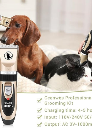 Ceenwes Dog Clippers Low Noise Pet Clippers Rechargeable Trimmer Cordless Grooming Tool Professional Dog Hair Trimmer with Comb Guides Scissors for Dogs Cats & Others（Gold）