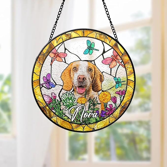 Custom Dog Portrait Stained Glass Window Hanging Light Catcher, Pet Memorial Stained Glass Photo, Dog Memorial Gift Pet Loss Sympathy Gift