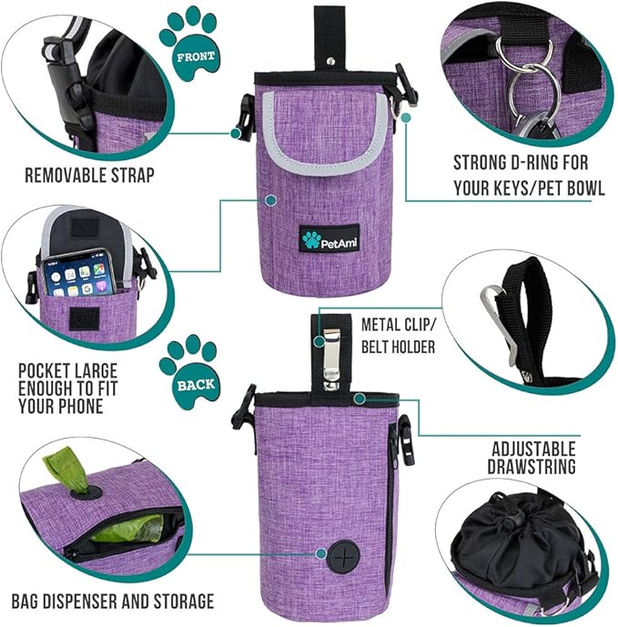 PetAmi Dog Treat Pouch, Large Pet Training Treat Pouch with Pocket, Dog Trainer Essentials Supply Holder with Poop Bag Dispenser, Training Bag for Kibbles Toys, 3 Ways to Wear (Purple)