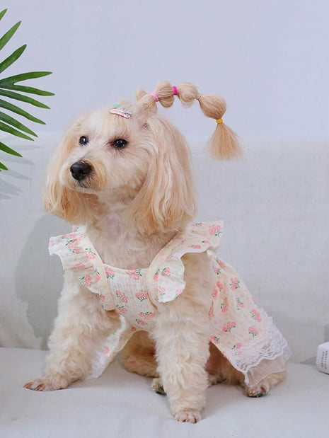 QWINEE Cute Flower Pattern Dog Dress Ruffle Trim Princess Dress Cat Vest Dress Lace Trim Summer Dress Pet Clothes for Small Medium Cats Dogs Kitten Puppy Pink A M
