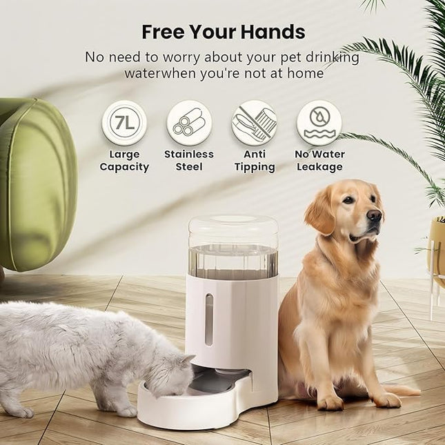 CZPET Dog Water Bowl Dispenser, 7L Automatic Dog and Cat Water Dispenser with Stainless Steel Bowl, Gravity Waterer, Large Capacity, and Quiet Drinking Area for Pets (7L,White)