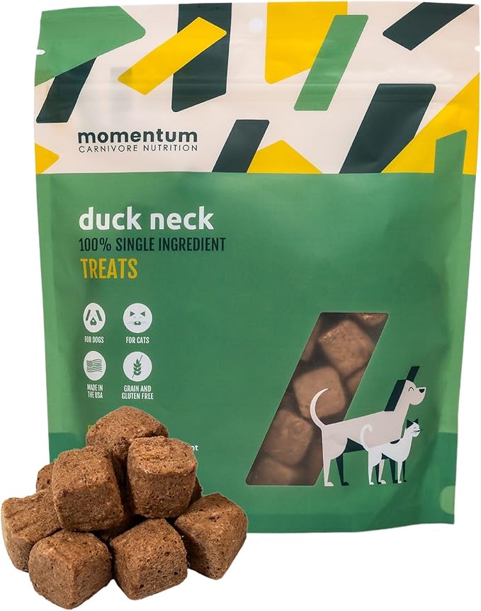 Momentum Carnivore Nutrition Freeze-Dried Duck Neck Dog Treats – Single-Ingredient, Dog & Cat Treats – High-Protein, Grain-Free– 3 oz Bag