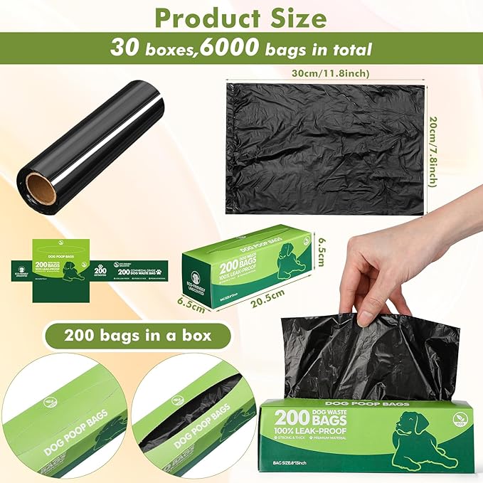 Harloon 6000 Counts Dog Poop Waste Bags 30 Rolls Extra Thick Strong Leak PET Proof Bags Disposable Bulk Universal Doggy Roll Waste Box for Puppy Outdoor Walking Travel(Black,12 x 8 Inches)