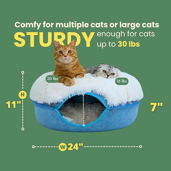 CATTASAURUS Peekaboo Cat Cave for Multiple & Large Cats Up to 30-45 Lbs, Fluffy Cat Beds for Indoor Cats, Scratch Detachable & Washable Tunnel Bed, Comfy Donut Cave (Blue, Large (Calming))