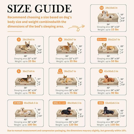 Comfort Expression Waterproof Orthopedic Foam Dog Beds for Extra Large Dogs Sofa Pet Bed Washable Removable Cover with Zipper and Bolster(53 x 42 Inch, Light Brown)