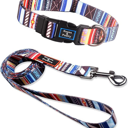 Roses&Poetry Dog Collar and Leash for Small,Adjustable Durable Blue 5ft Puppy Leash Collar for Dog Training Lead（Stripe-L）