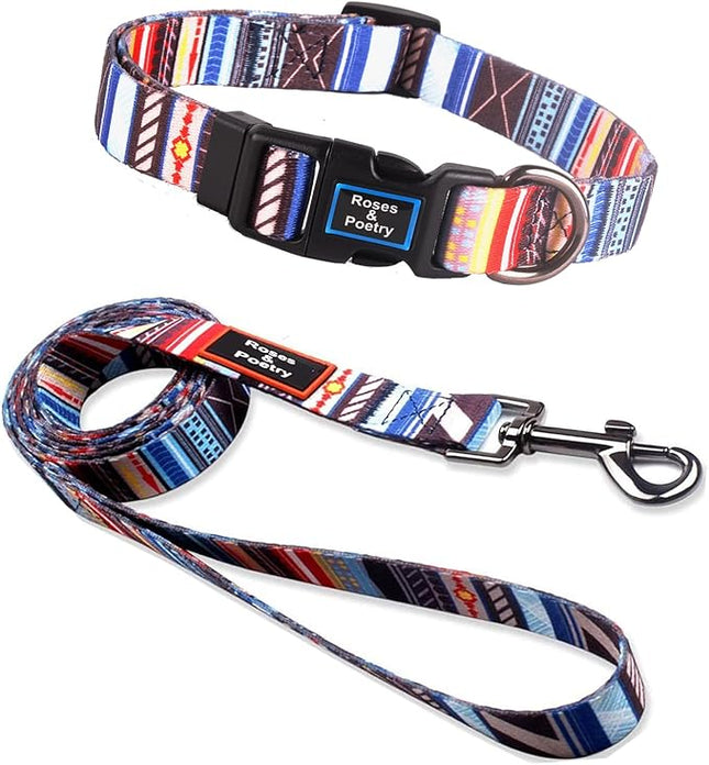 Roses&Poetry Dog Collar and Leash for Small,Adjustable Durable Blue 5ft Puppy Leash Collar for Dog Training Lead（Stripe-L）