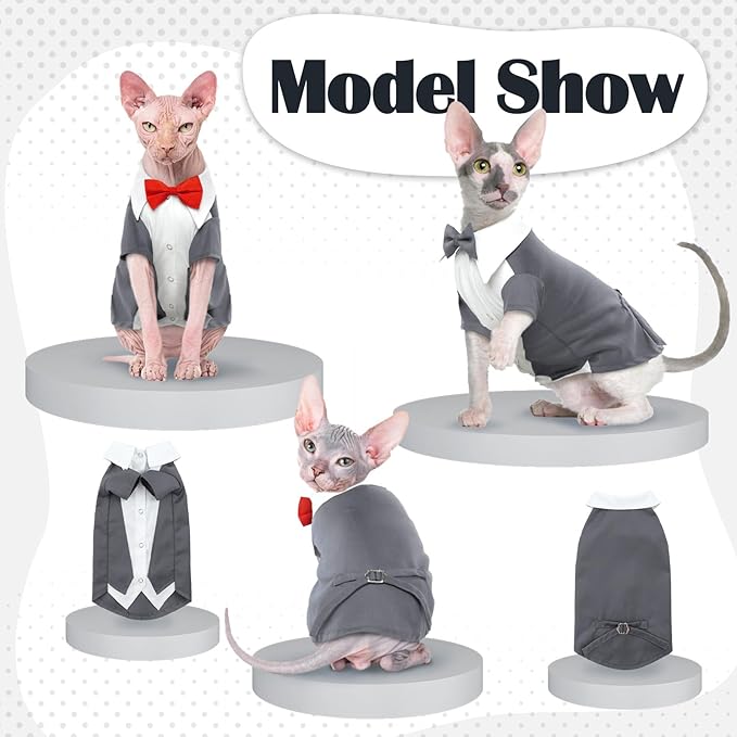QBLEEV Cat Tuxedo Suit, Sphynx Cat Suit for Cat with Two Bow Tie, Cat Tuxedo Outfit for Birthday Photo Shoot, Formal Onesie Attire Wedding Costumes for Kitten, Male Cat Clothes for Hairless Cats Only