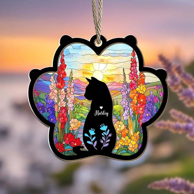 Personalized Pet Memorial Suncatcher – Custom Cat Silhouette with Name & Multiple Background Options, Sympathy Gift for Pet Loss, Pet Memorial Keepsake for Cat Lovers