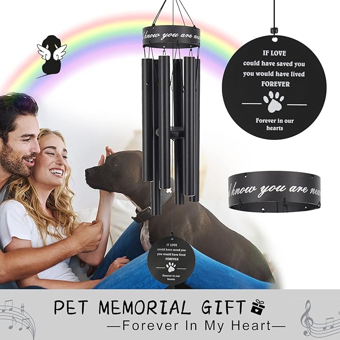 Pet Memorial Wind Chime, 30 Inches Paw Print Pet Remembrance Gift to Honor and Remember a Dog, Cat, or Other Pet, Premium Metal Wind Chime, Black