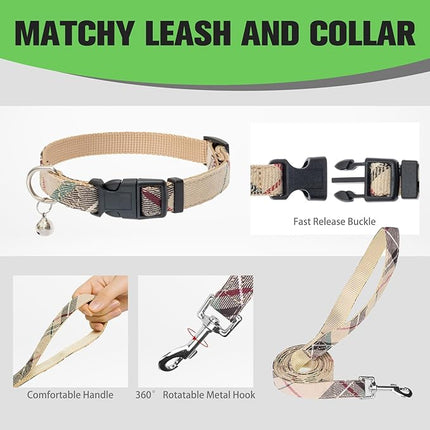 EXPAWLORER Plaid Small Dog Harness and Leash Set with AirTag Holder - Soft Padded Step in Dog Vest Harness Medium Sized Dog, No Pull Reflective Puppy Harness, Collar and Leash for Walking, Khaki M