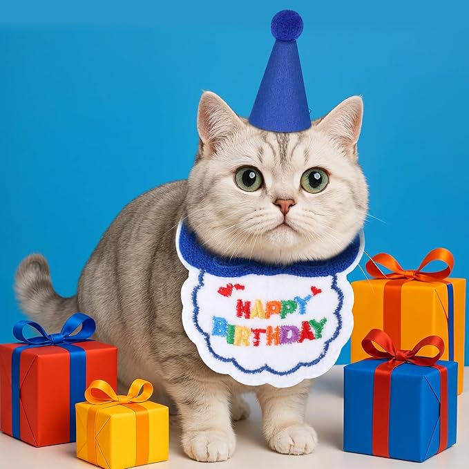 2pcs Cat Birthday Hat,Cute Birthday Hat for Cat,Adjustable Embroidered Cats Party Hats with Bib, for Girls, Boys, Kittens and Dogs Party Supplies Decoration Set (Blue)