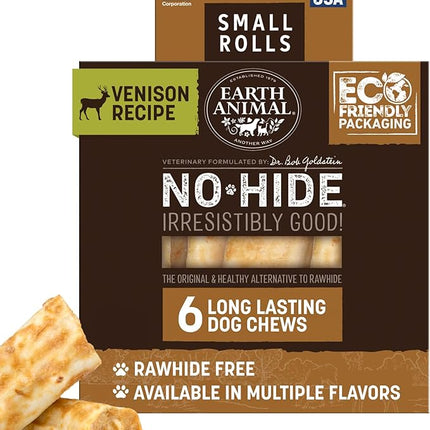 Earth Animal No Hide Chews - Long Lasting Rawhide Free Small Dog Chews Rolls, Venison - 6 Count