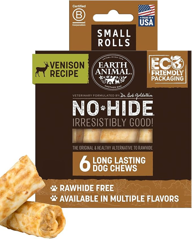 Earth Animal No Hide Chews - Long Lasting Rawhide Free Small Dog Chews Rolls, Venison - 6 Count