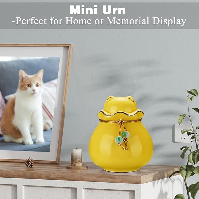SOITIS Engraving Customized Pet Memorial Urn for Cat or Dog Ashes - 3.54"x3.15" Elegant Ceramic Keepsake Holder with Cat-Shaped Lid & Gold Trim, Small Yellow Urn for Pet Ashes