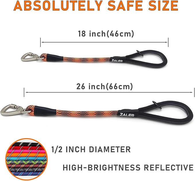 ZALER Short Dog Leash, 18 Inches Rope Traffic Leashes for Dogs, Reflective Dog Lead with O-Ring, Heavy Duty Pet Leash for Large and Medium Dogs (18'' Black Orange)