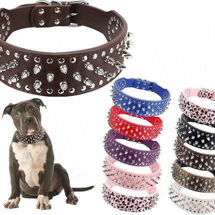 Hoot PU Leather Adjustable Spiked Studded Dog Collar 2" Wide 43 Spikes (L(Neck 21"-24"), Dark Brown)