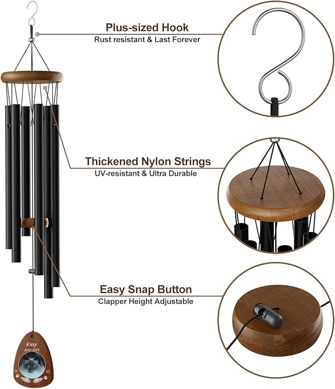 Personalized Pet Memorial Wind Chimes - Memorial Gift for Loss of Cat Custom Sympathy Gifts for Cat,Pet Remembrance Gift Wind Chimes for Outdoor by Bemaystar (Black)