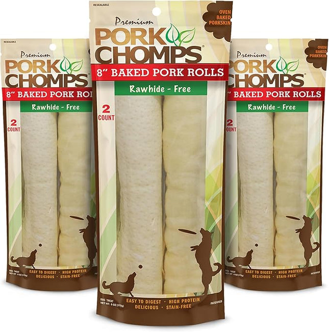 Pork Chomps Baked Pork Skin Dog Chews, 8-inch Rolls, 2 Count (Pack of 3)