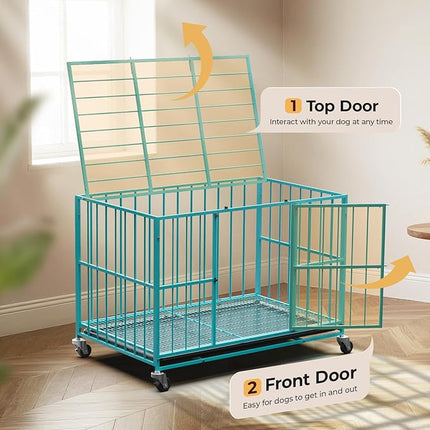 Blue 48 in Heavy Duty Dog Crate Steel Escape Proof, Indoor Double Door High Anxiety Cage, Removable Tray, Kennel with Wheels,XL XXL