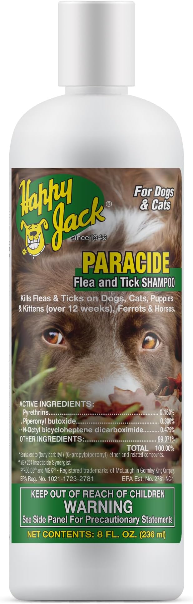 Happy Jack Paracide Flea & Tick Shampoo and Treatment for Dogs & Cats, Flea and Tick Prevention for Pets, 8 oz