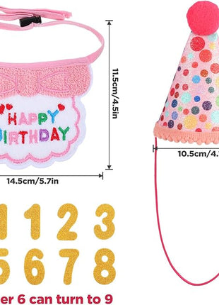 Cat Birthday Party Supplies Adjustable Pink Cat Birthday Hat with Number and Kitten Bandana Outfits Set for Girl Cats Party Decorations for 0-9 Years Cats