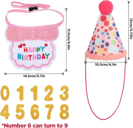Cat Birthday Party Supplies Adjustable Pink Cat Birthday Hat with Number and Kitten Bandana Outfits Set for Girl Cats Party Decorations for 0-9 Years Cats