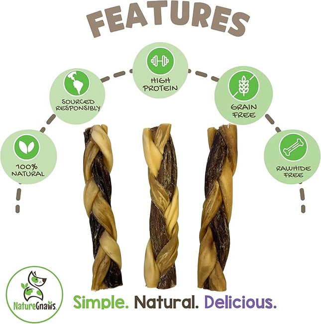 Nature Gnaws Braided Gnaws for Dogs 5-6" (12 Count) - Long Lasting for Small and Medium Dogs - Natural Beef Bully Stick Combo Braids - Rawhide Free