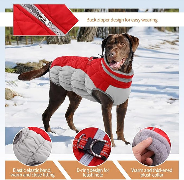 Large Dog Coat, XXLarge Dog Winter Coat, Waterproof Pet Jacket with Back Zipper,Extra Large Pet Coats, Warm Fleece Jacket with D-Ring, Windproof Winter Clothes Golden Retriever,Red,XXL