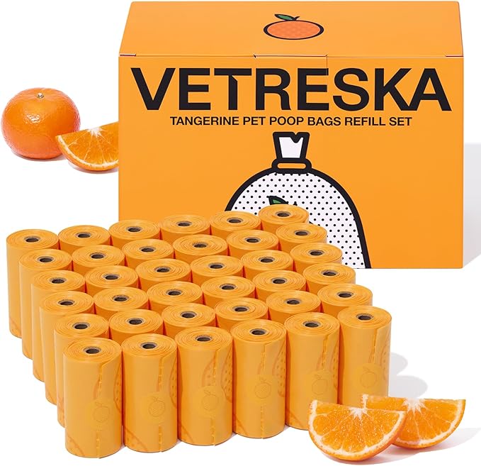VETRESKA Citrus Scented Dog Poop Bags, Leak Proof, Extra Thick and Large Pet Waste Bags for Dogs Walking, Cat Litter and Babies' Diaper, 540 Count Bags (36 Refill Rolls), Orange