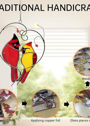 Cardinal Suncatchers Stained Glass for Windows Hangings,Male & Female Cardinal Stained Glass Sun Catchers, Red Love Birds Home Ornament,Gifts for Women