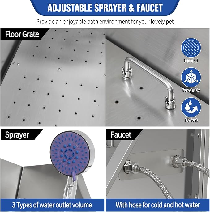 Professional Stainless Steel Dog Grooming Tub W/Soap Box, Faucet,Rich Accessory, Bathtub For Multiple Pets, Washing Sink For Home