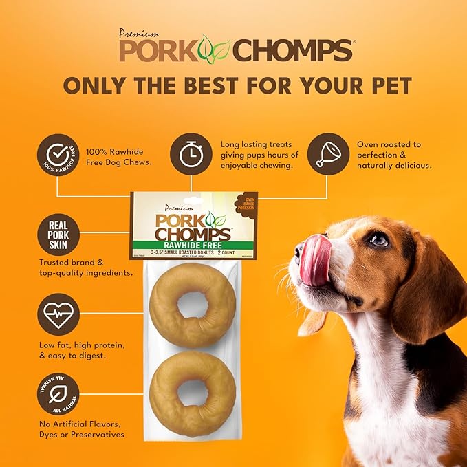 Pork Chomps Roasted Pork Skin Dog Chews, 3-inch Donuts, 2 Count