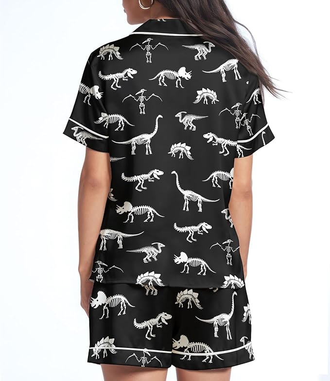 Women’s Silk Satin Pajama Set, Short Sleeve Button Down 2 Piece PJs with Shorts, Cozy Loungewear & Matching Holiday Pajamas