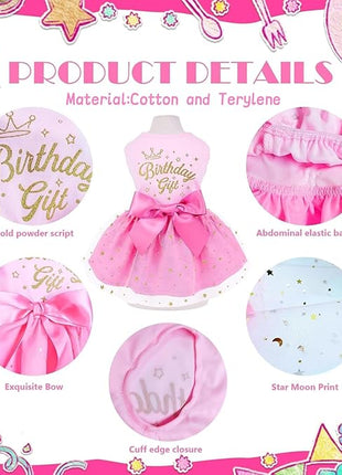 Birthday Dog Dress, Princess Dog Dress Tulle Puppy Skirt Doggie Birthday Outfit Pink Clothes for Small Dogs, Cat Pet Apparel (Medium, Birthday)
