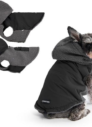 Spark Paws Reversible Fleece Dog Jacket, Hooded Sweater Vest, Warm Coat for Winter - Suitable for Small Medium Large XL XXL Dogs - Black and Grey - S