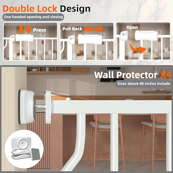 57.5"-62" Extra Wide Auto Closing Baby Safety Gate for Stairs & Doorways, Pressure Mounted No Drill Pet Gate with Walk-Through Door - Heavy Duty Childproof Gate for Toddlers, Kids, Dogs (White)