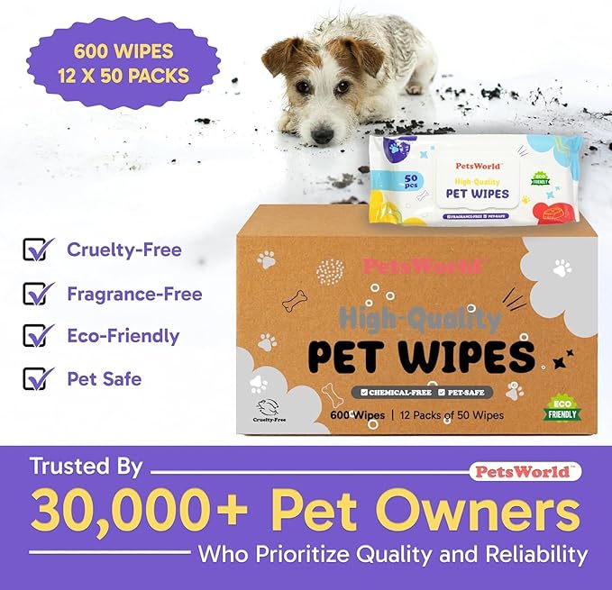 PETSWORLD Pet Wipes for Dogs & Cats, Unscented, Hypoallergenic, Chemical-Free, Biodegradable (98%), Thick & Durable, Textured Grooming Wipes (Unscented, 50 Count)