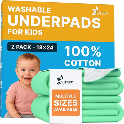 GREEN LIFESTYLE 100% Cotton Washable Absorbent Pads – Waterproof Reusable Underpads for Kids, Seniors, and Adults – Ideal for Bed Protection, Incontinence (Pack of 2 - 18x24)