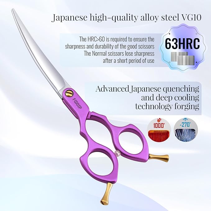 Professional Left Handed Curved Dog Grooming Scissors with Sharper Self Grinding lightweight and finely trimmed split structure 6.5'' Japan VG10 63HRC for small dogs cat pet(Purple)