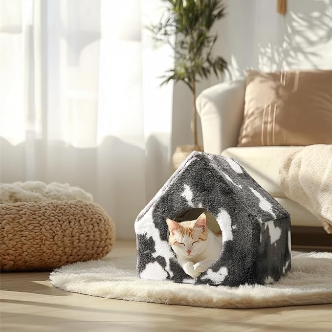 ComSaf Cat Bed House, Cat Cave for Indoor Cats with Fluffy Covered Cat Beds, Washable Cat House Hideaway Hut for Kitten Rabbit, Sturdy Beds & Furniture Gifts, Grey