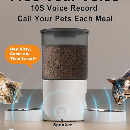 Automatic Cat Feeder for 2 Cats, 4.2L Dual Food Dispenser, Up to 6 Meals/Day, Portion Control, Voice Message, Dual Power Options (Transparent+White, Dual Stainless Steel Bowls)
