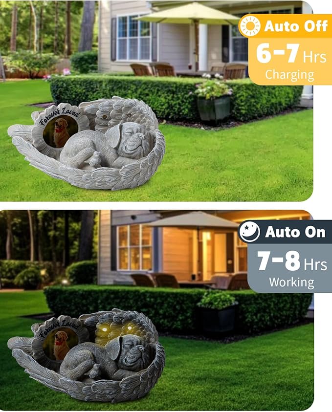 Dog Memorial Gift, Angel Memorial Dog Statue with Photo Frame, Forever My Guardian Angel Garden Solar Light Dogs for Pet Memorial Stone